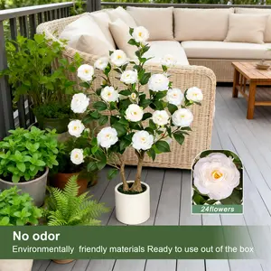 Artificial camellia trees, 3ft 5ft, 3ft two-pack, 36 inches tall; 5ft, 60 inches tall; white artificial camellia flowers, UV resistant, suitable for both indoor and outdoor use, includes white pot, suitable for home, patio, and wedding decorations.