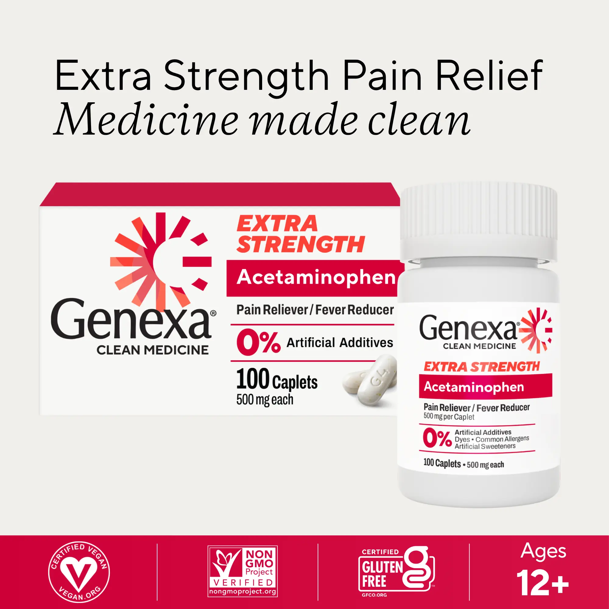 Genexa Acetaminophen 500mg Extra Strength Made Clean, 100 Tablets | Pain & Fever Medicine for Adults | Dye Free, 0% Artificial Additives | Non-GMO, Gluten Free, Vegan | Relieves Headache, Backache, Minor Arthritis Pain