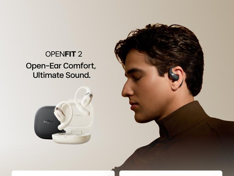 SHOKZ OpenFit 2 Open-Ear Headphones with True Wireless Bluetooth, Microphone, 48 Hours of Playtime, Fast Charging, IP55 Water-Resistant