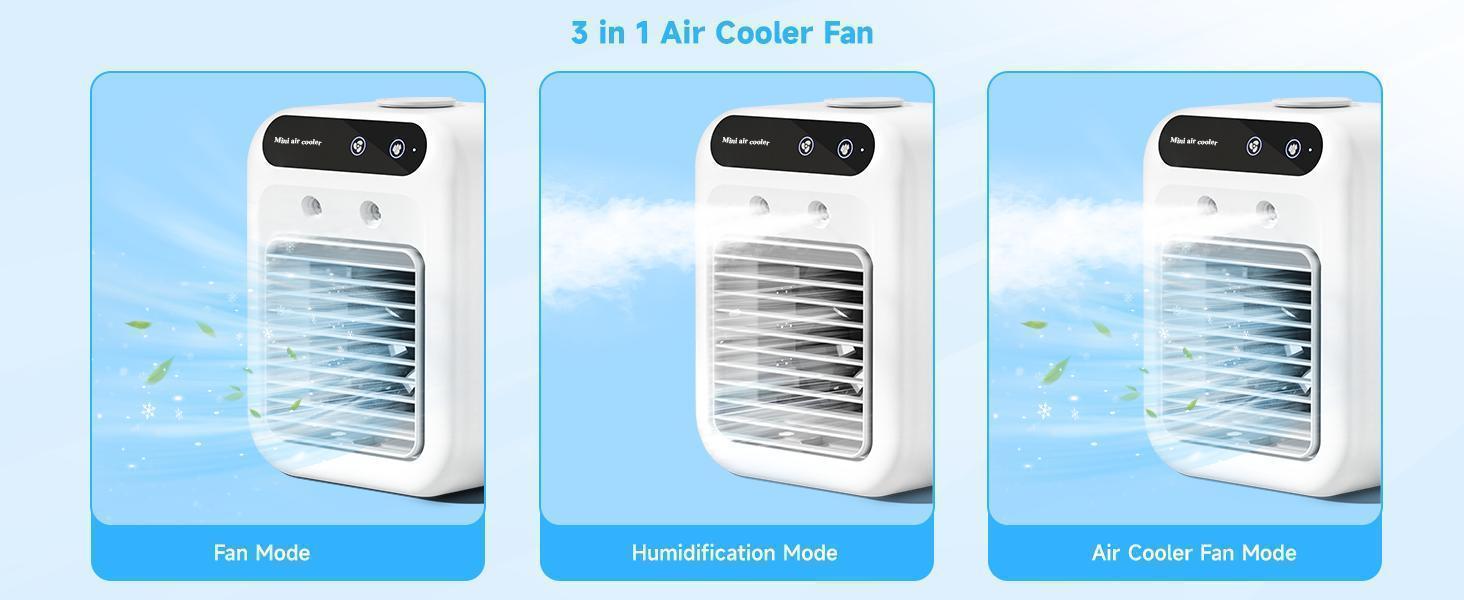 3-in-1 Portable Air Conditioner – 2-Speed Mist Fan with 1800mAh Battery | Mini Air Cooler for Travel, Office & Home Portable Comfort, Quiet Operation