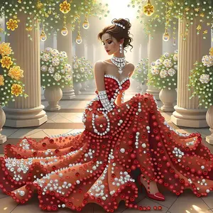 Special Shape Diamond Art Kits for Adults, Red Dress Beauty in The Hallway Pattern 5D Diamond Painting Kits for Beginner, Gem Art, Diamond Crystal Rhinestones Painting Kits, 11.8x11.8 in