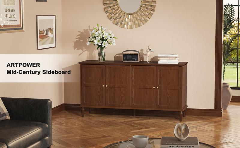 Mid-Century Modern Sideboard Buffet Cabinet, Walnut Wood 4-Door Storage Credenza, Large Capacity, Farmhouse Home Furniture, Entryway Living Room Dining Room, Scratch-Resistant Surface, Hidden Storage Organizer