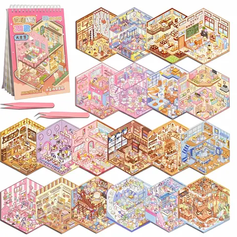 20-Set DIY 3D Scenestickers Book - Cute Stickers Miniature Cabin Building Kit, Scrapbook Decals for Scrapbooking, Back to School DIY Crafts