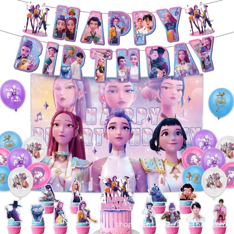 New-Kpop Demon Hunter Birthday Party Decoration Set – Anime-Inspired Backdrop Banner, Balloons & Cake Toppers | Cool K-Pop Theme Party Supplies for Fans, Kids & Teens, Perfect Gift for Demon Hunter Lovers