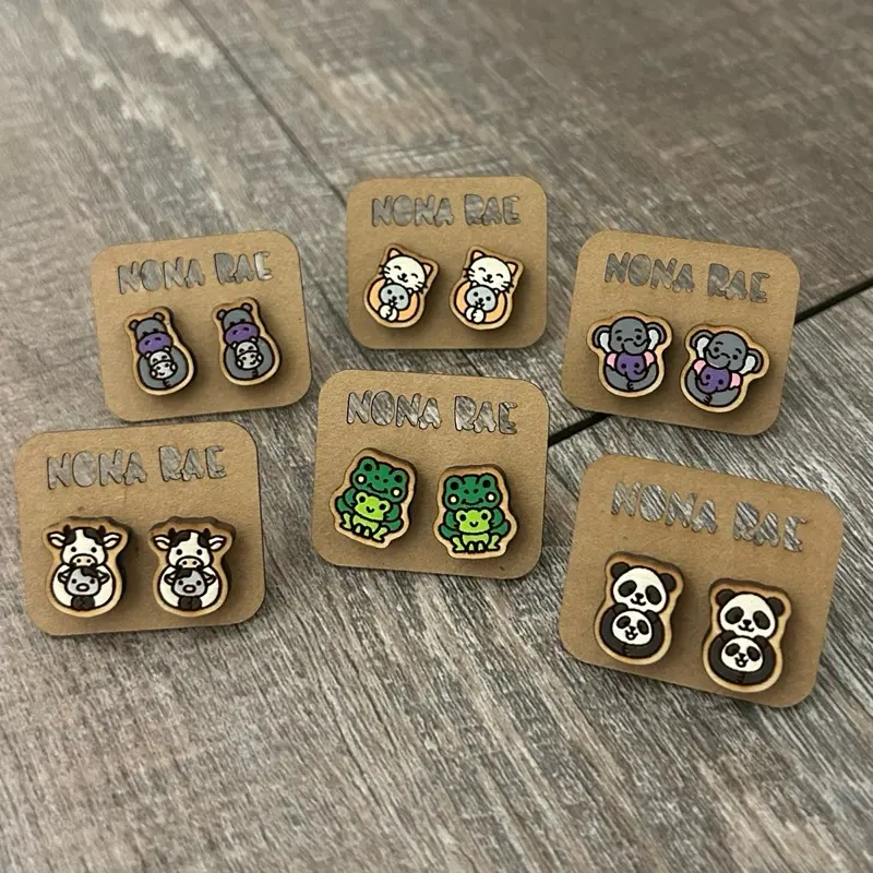 Cute Mama & Baby Animal Earrings – Hand Painted Wooden Studs