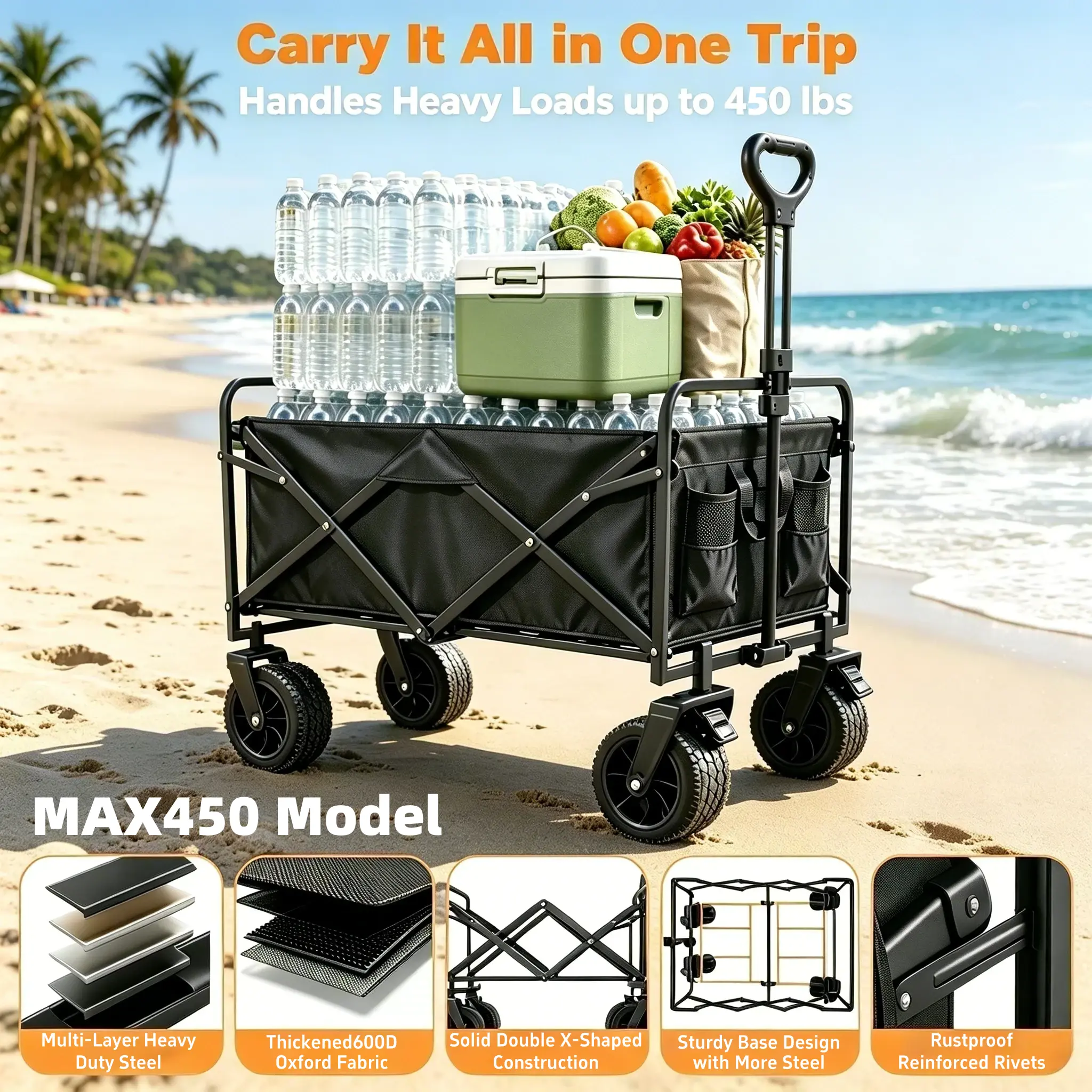 【Backtoschool】 350/450 LBS Heavy Duty Collapsible Cart, Waterproof Oxford Folding Wagon - Portable Utility Wagon with Off-Road Wheels for Sports Tailgating, Beach & Shopping, Fathers day gift