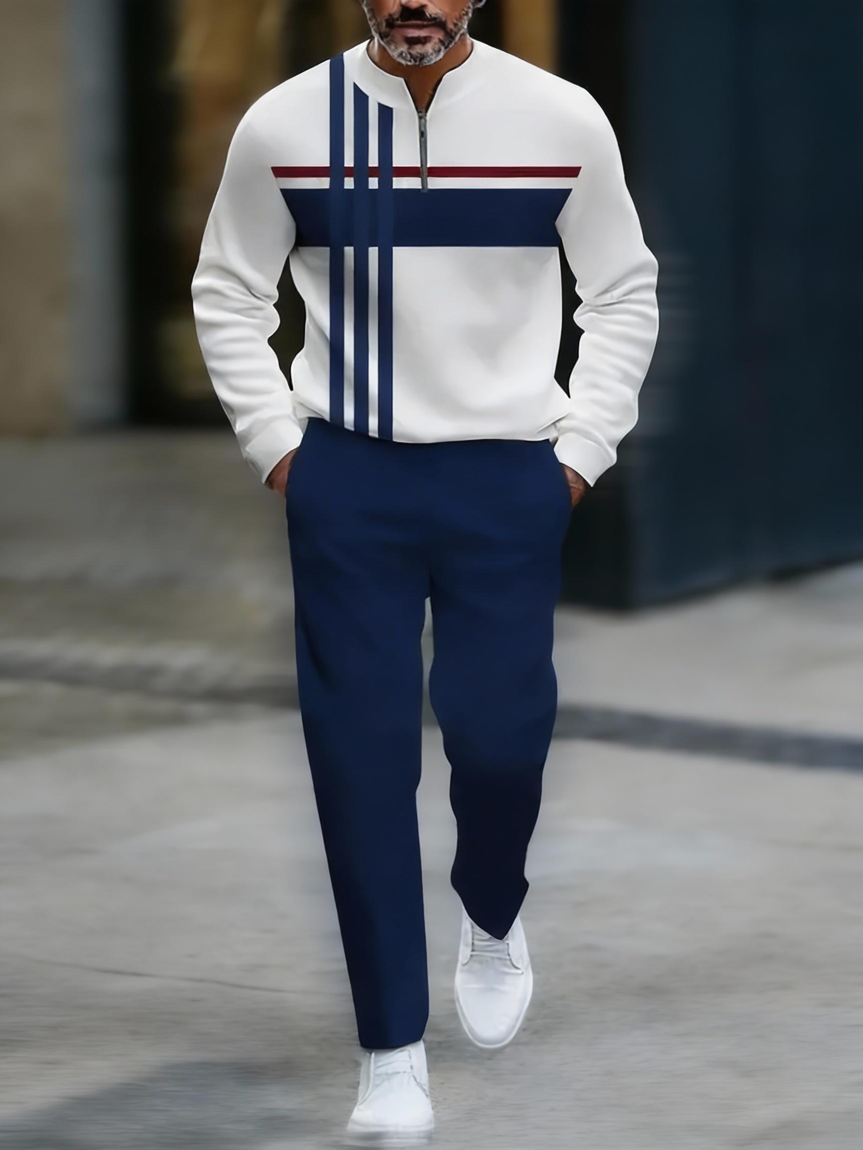 Half Zipper Fashion Casual Set with Trendy Personalized Stripe Design Simple Comfortable Versatile Sportswear Clothing