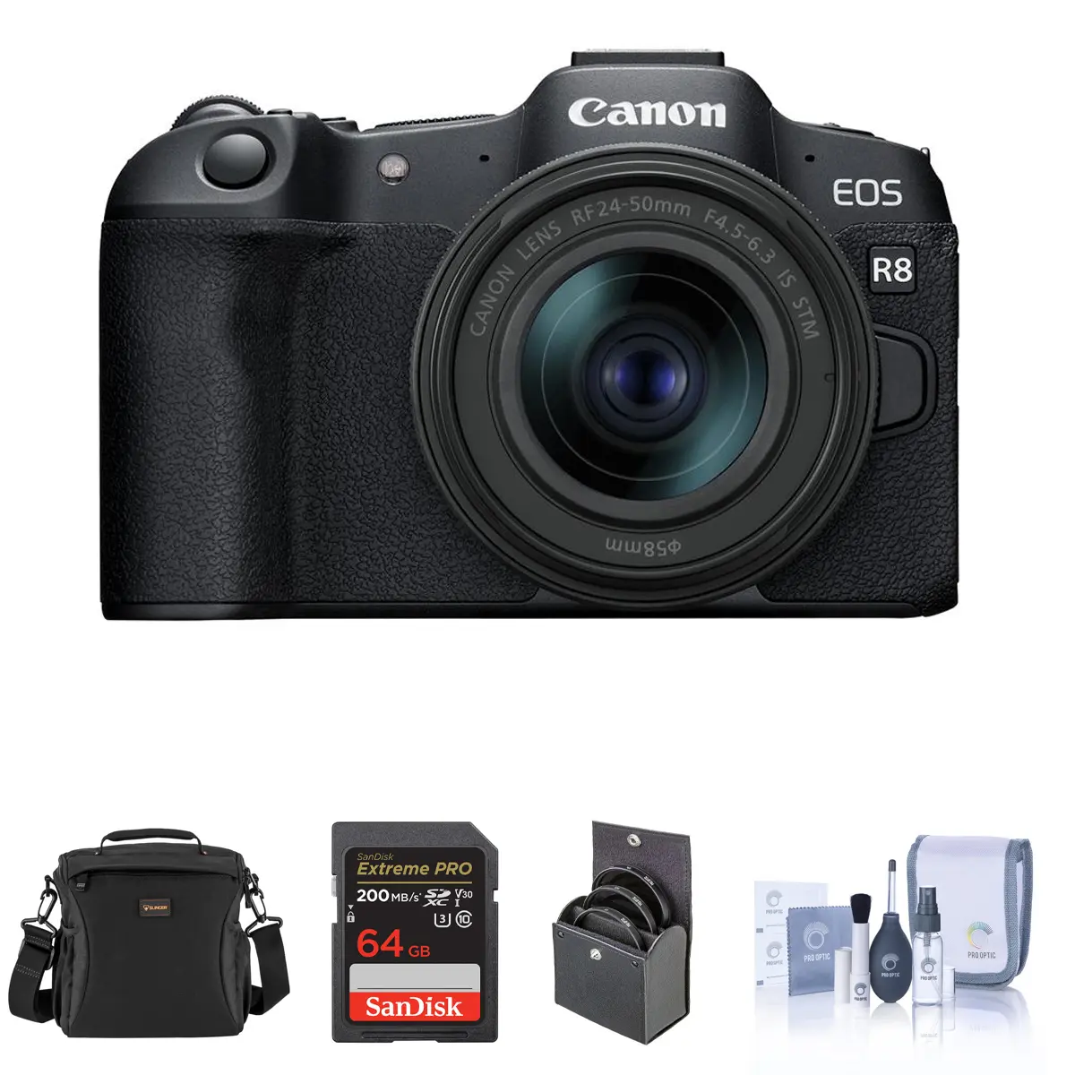 Canon EOS R8 Compact Mirrorless Camera with CMOS Sensor, RF 24-50mm f/4.5-6.3 IS STM Lens, Image Stabilization, 64GB SD Card, SD Card Slot, 58mm Filter Kit, Cleaning Kit, Shoulder Bag, High-Quality Picture Capture
