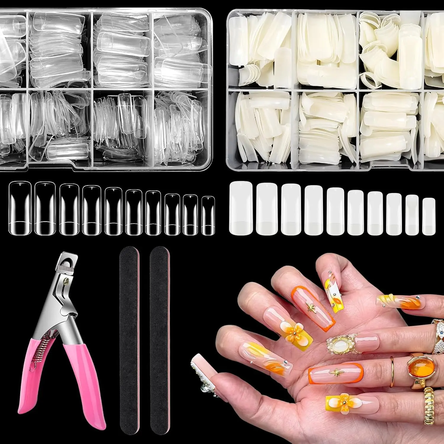 Square Nail Tips Set: 1000Pcs Fake Clear Natural for Acrylic Nails | 10 Sizes Short Square French Artificial False Tips Half Cover With Nail Clipper & Nail Files for Manicure Salon Home