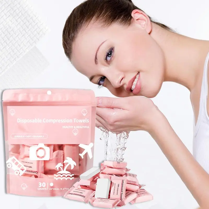 Compressed Towel Tablets Disposable Face Towels for Travel Camping Hiking 1 Pack 30 Count Size 9.4"x11.8"