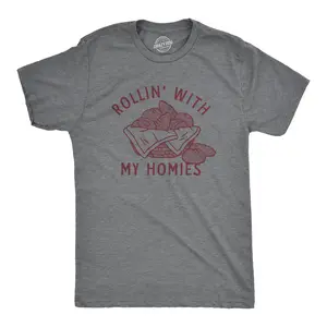 Mens Rollin With My Homies T Shirt Funny Thanksgiving Bread Dinner Roll Joke Tee for Guys Mens Funny T Shirts Cool Vintage Fashion T-Shirt Gift Classic Menswear Thanksgiving Apparel for Men Funny Food Short Dark Grey