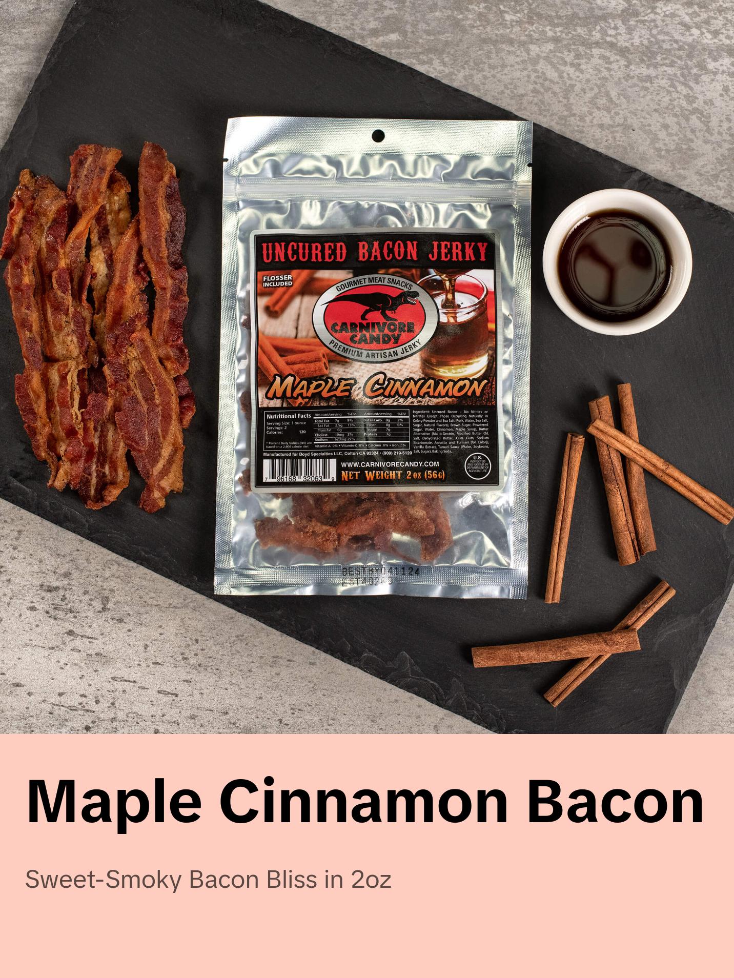 Maple Cinnamon Bacon Jerky - Dried Sugary Snack Sweet Flavor Profile Maple Cinnamon Bacon Jerky - Dried Sugary Snack Sweet Flavor Profile
