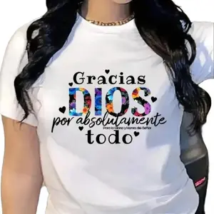 Women's Faith Inspired Graphic Tees |     Spanish "Gracias DIOS" Print T-Shirt, Soft Stretch Knit Crew Neck Short Sleeve, Trendy All-Season Casual Comfort Top for Summer Vacation & Everyday Outfits
