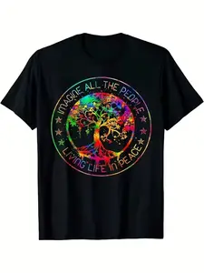Men's Hippie Tie-Dye T-Shirt - All The People Imagine Living Life In Peace Graphic, Black with Colorful Tree & Stars Design, Casual Round Neck, Machine Washable, All-Season Wear, Hippie Clothes