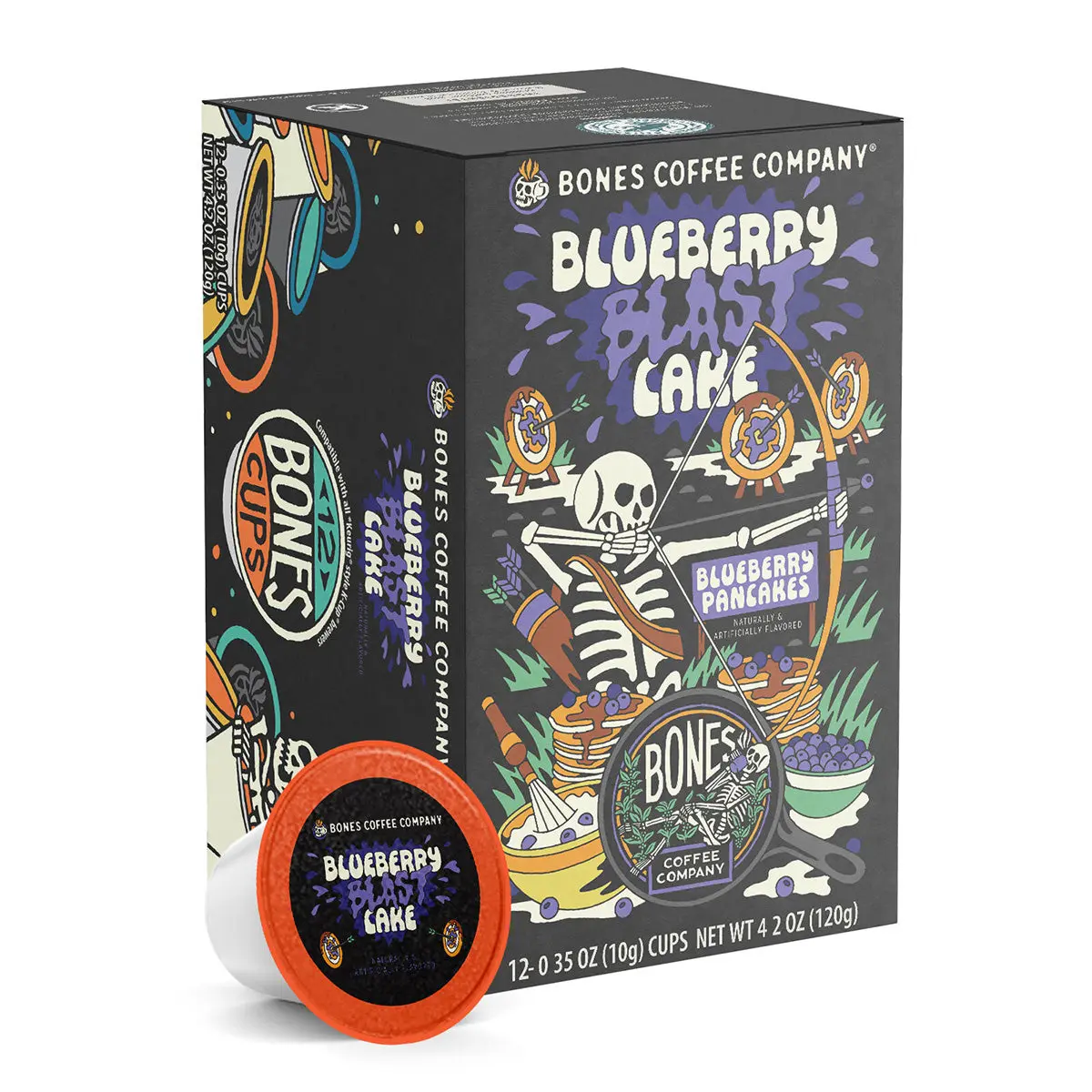 Bones Coffee Company | Blueberry Blast Cake Blueberry Pancake Flavored Coffee Pods 12 Count Medium Roast Keurig Compatible