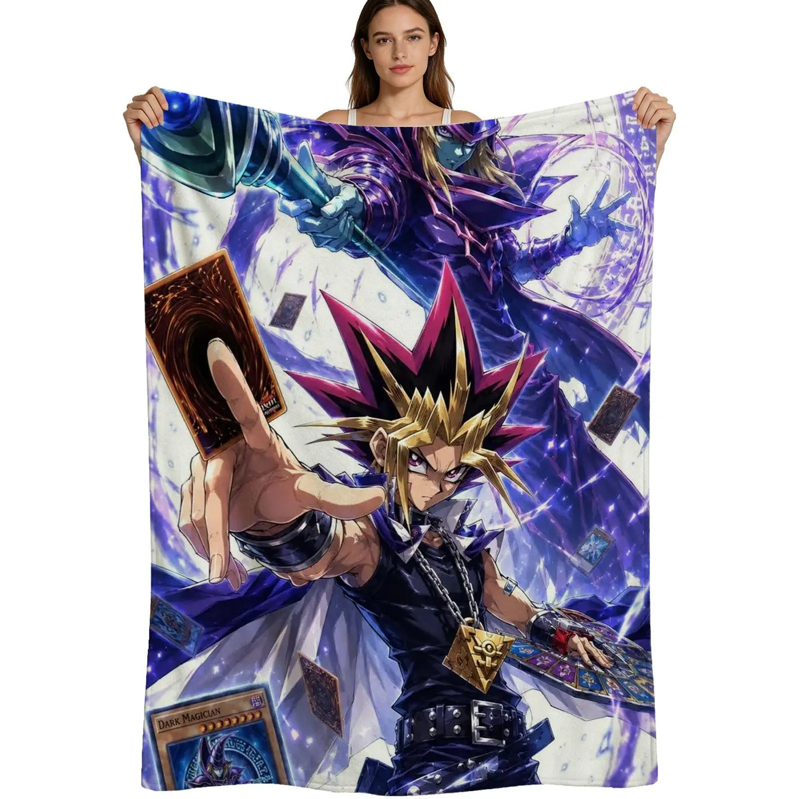 Anime Theme Warm Flannel Blanket - Yu-Gi-Oh Dark Magician & Yugi Muto Design, Soft Plush Fabric, Vibrant Prints, Multi-Size, For Fans, Home Use, 4 Available Sizes, Single Pack