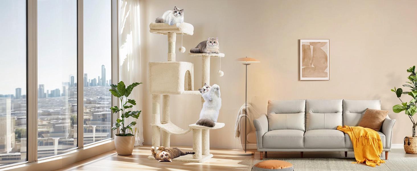 44/66 inch Cat Tree Tower, Multi-Cat Climbing Tower with Condo, Natural Sisal Scratching Posts, Extended Platform, Hammock, Pet House for Indoor Cats and Kittens Play