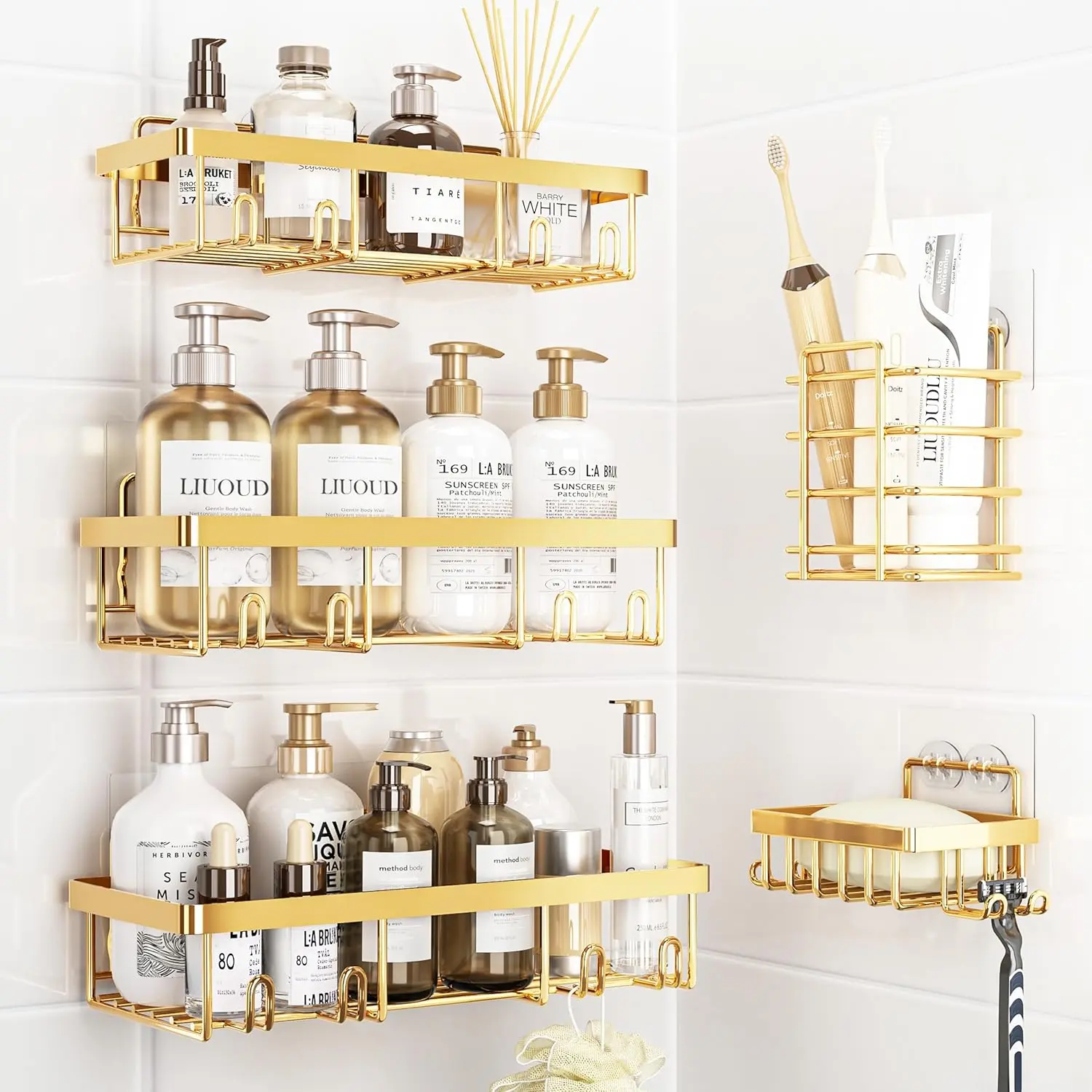 Modern 5-Pack Wall-Mounted Adhesive Shower Caddy - Rust-Proof Stainless Steel Bathroom Decor Organizer, Large-Capacity House Organizers with Tray for Bathroom & Kitchen Use