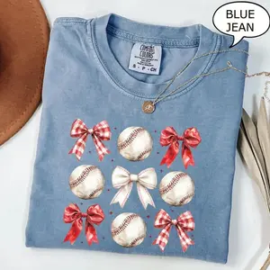 Comfort Colors Baseball Bow Shirt, Coquette Bows T-Shirt, Gift for Mom, Sports Mom Gift, Baseball Shirt, Coquette Baseball Shirt women