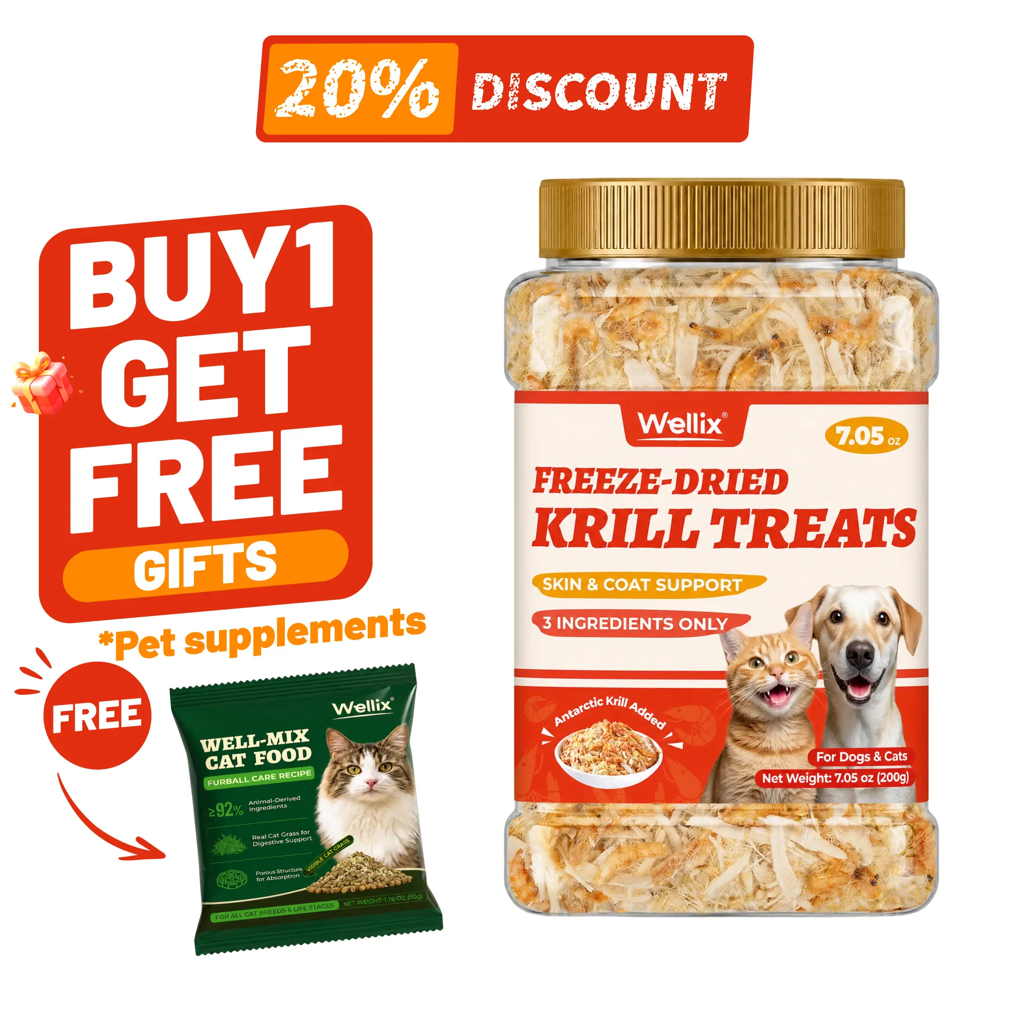 Wellix 7.5oz Dog & Cat Antarctic Krill Added Food Topper - Chicken, Egg Yolk, Antarctic Krill | Freeze Dried Chicken Formula | Low Calorie & Rich in Omega-3 | Skin & Coat Support | 100% Natural, Nutritious, Yummy