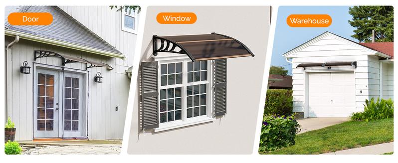 VINGLI Window Awning Door Canopy Exterior, Awnings for Doors Polycarbonate Cover Patio Door Awning Rain Snow Sunlight Protection Hollow Sheet (Brown Board & Black Bracket)