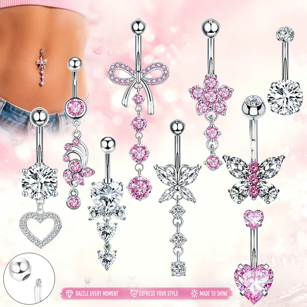 9Pcs Dangle Belly Button Ring Stainless Steel Belly Rings for Women 14G Navel Button Piercing CZ Flower Heart Curved Navel Piercing Jewelry body piercing cute dangling body jewellry for daily wear beach party summer jewelry Artificial Zircon