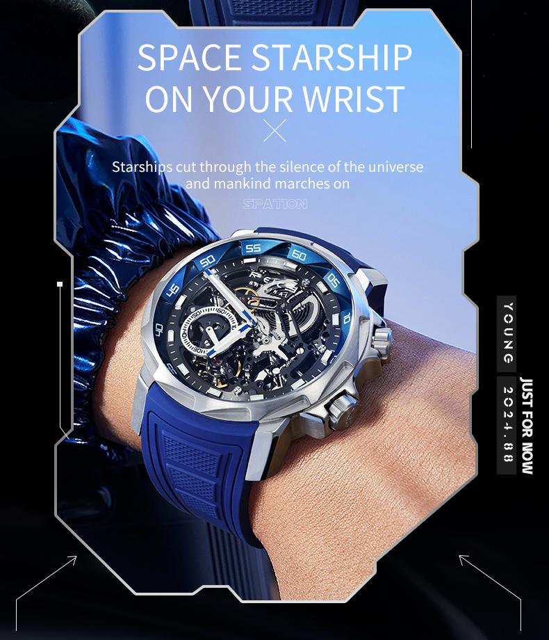 FEICE Men's Automatic Hollow Mechanical Watch, equipped with sapphire crystal, 5ATM waterproof and shockproof luminous display strap, suitable for all occasions