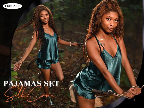 EKOUAER Silk Pajamas Set Women Satin Camisole Sleepwear Lingerie 2 Piece Pjs Cami Top and Shorts Sleep Nightwear Gift Loungewear Pajama Set women's  pajamas