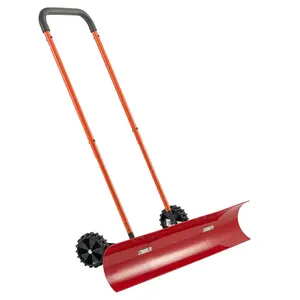 37.8" Wheeled Snow Pusher Shovel: Bi-Directional Angled Blade, 90° Adjustable Handle, Durable Plastic Winter Tool for Portable Driveway Snow Removal