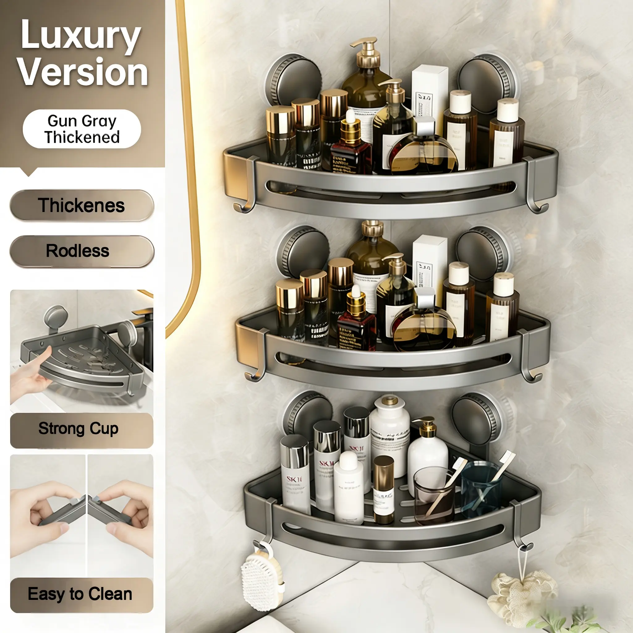No-Drill Corner Shower Suction Caddy, Transparent Bathroom Storage Shelf with Metal Tray,Adhesive Wall-Mounted Organizer with Suction Cups & Hooks for Shampoo, Skincare & Kitchen Storage,space saving-Organizer gifts for mom,bonnet blue baby shower