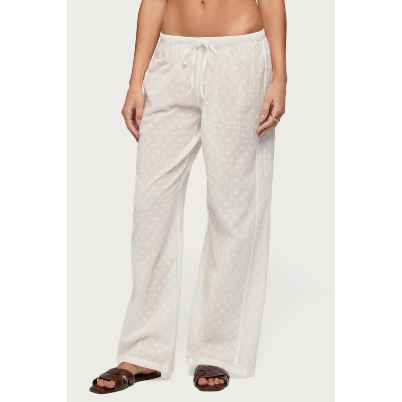 Embroidered Polka Dot Sheer Cotton Pants