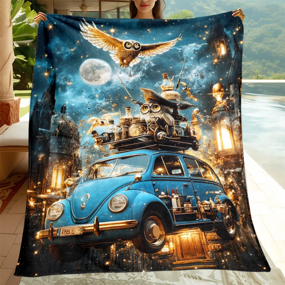 100% Polyester Knit Flannel Blanket - Multi-Size, Wrinkle Resistant, Breathable, Durable, Lightweight, All Seasons, Traditional Print (Magic Academy Owl, Wizard Hat, Vintage Car, Magic Book), Indoor Use, Machine Wash, Sofa Throw, Family Gift