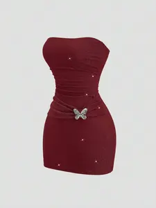 Valentine Sweetra Knitted Metallic Thread Sexy Bandeau Waist Fitted Mini Dress With Butterfly Metal Buckle Decor, Suitable For Spring, Summer, Autumn, Winter