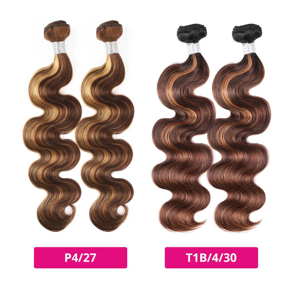 Ombre Human Hair Bundles P4/27 Brazilian Body Wave Bundles with 2x6 Closure Sew in #Fb 30 Ombre Brown Hair Bundles for Quick Weave Balayage Highlight Hair Extensions