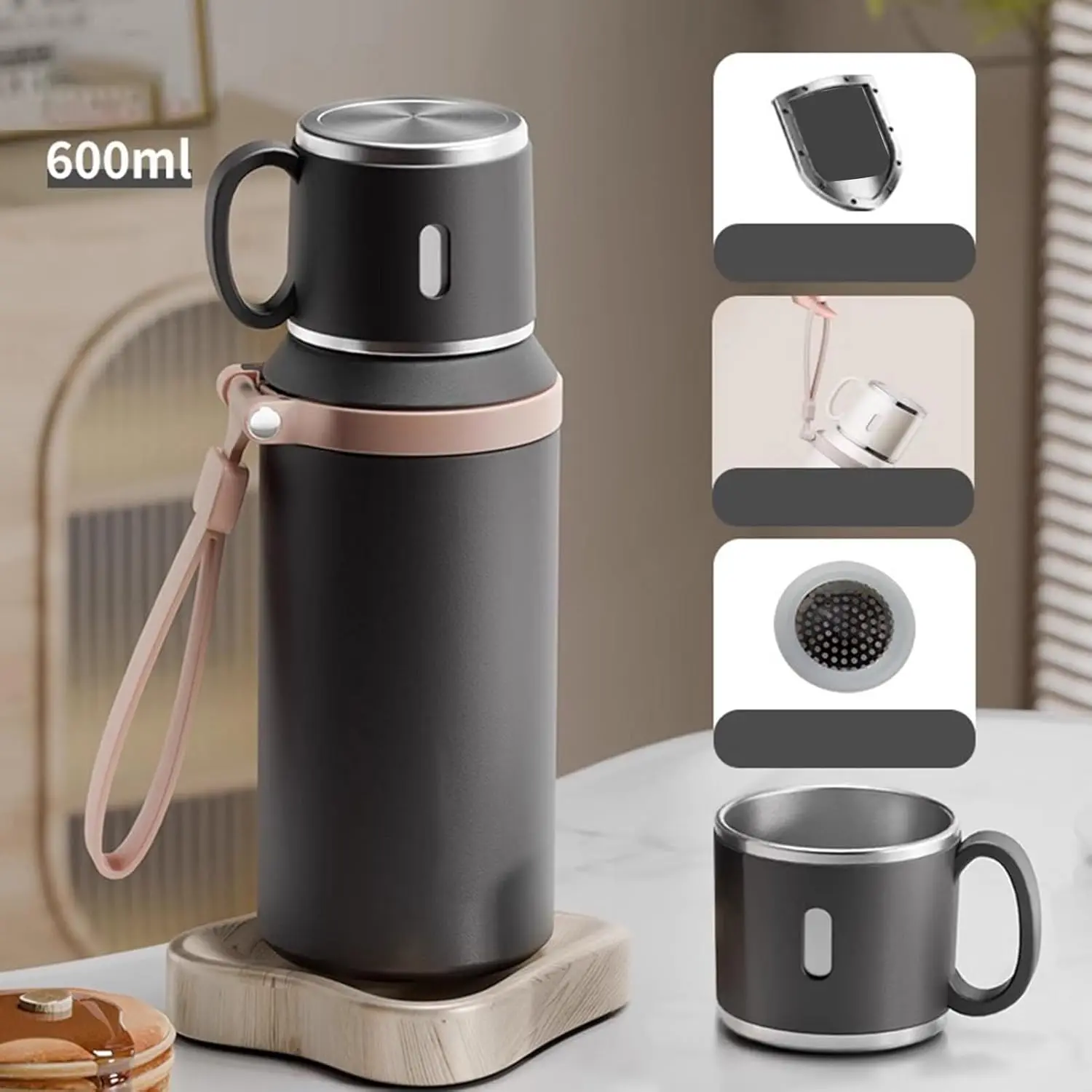 Stainless Steel Insulated Thermal Flask with Detachable Drinking Cup Lid, 600ml Leakproof Portable Vacuum Water Bottle with Lanyard, Keep Hot & Cold for Outdoor Travel Office Camping