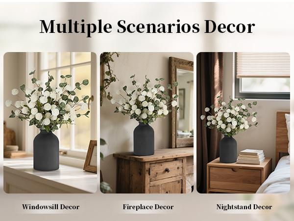 Artificial Flowers in Vase for Centerpieces: Metal Vase with 12 Stems of Artificial Mums Kiku Flowers Eucalyptuses Home Table Decor - White Faux Pom Poms Floral Arrangements for Living Room