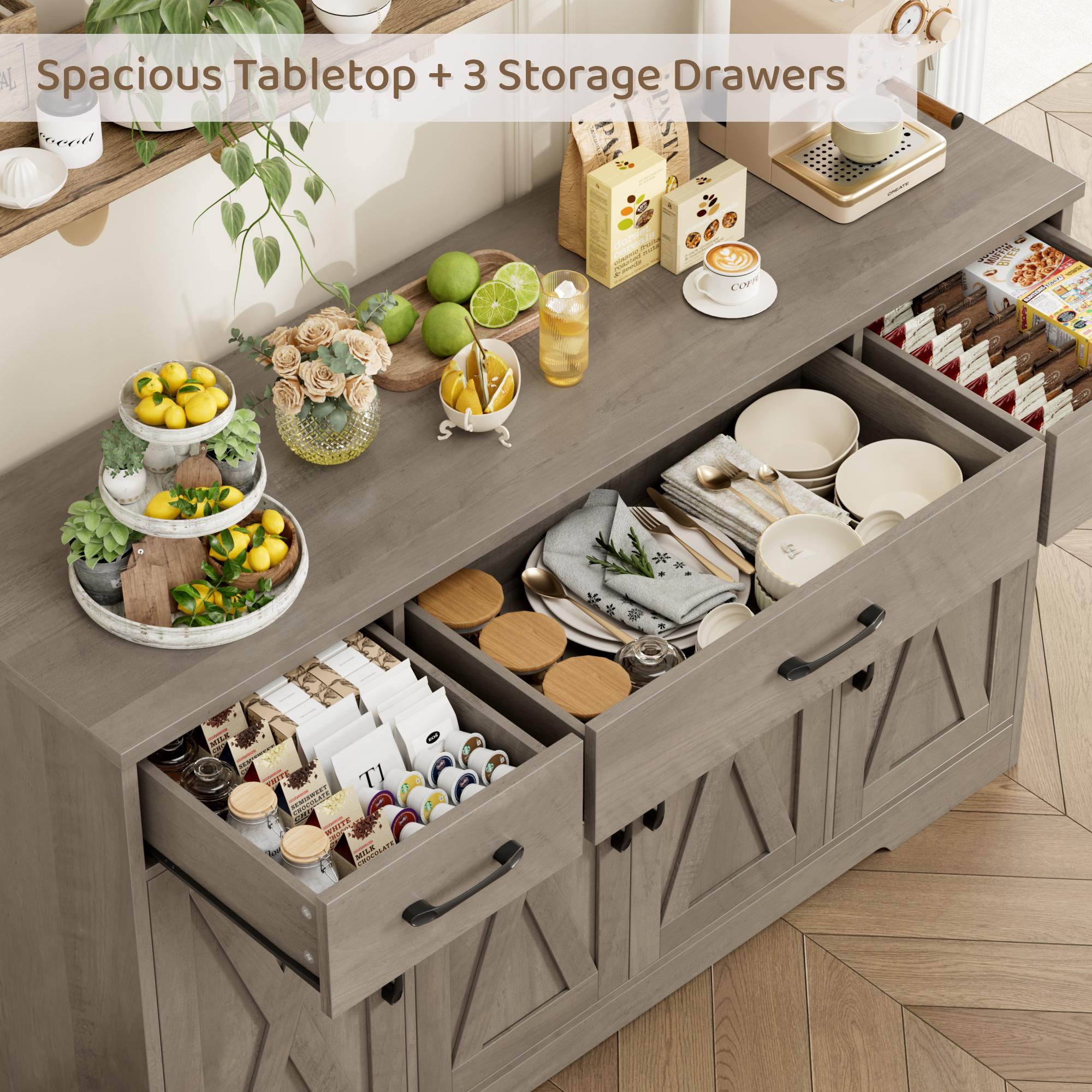 HOSTACK Modern Farmhouse Buffet Cabinet with Drawers 55" Large Sideboard Storage with Shelves Doors for Kitchen Dining Room