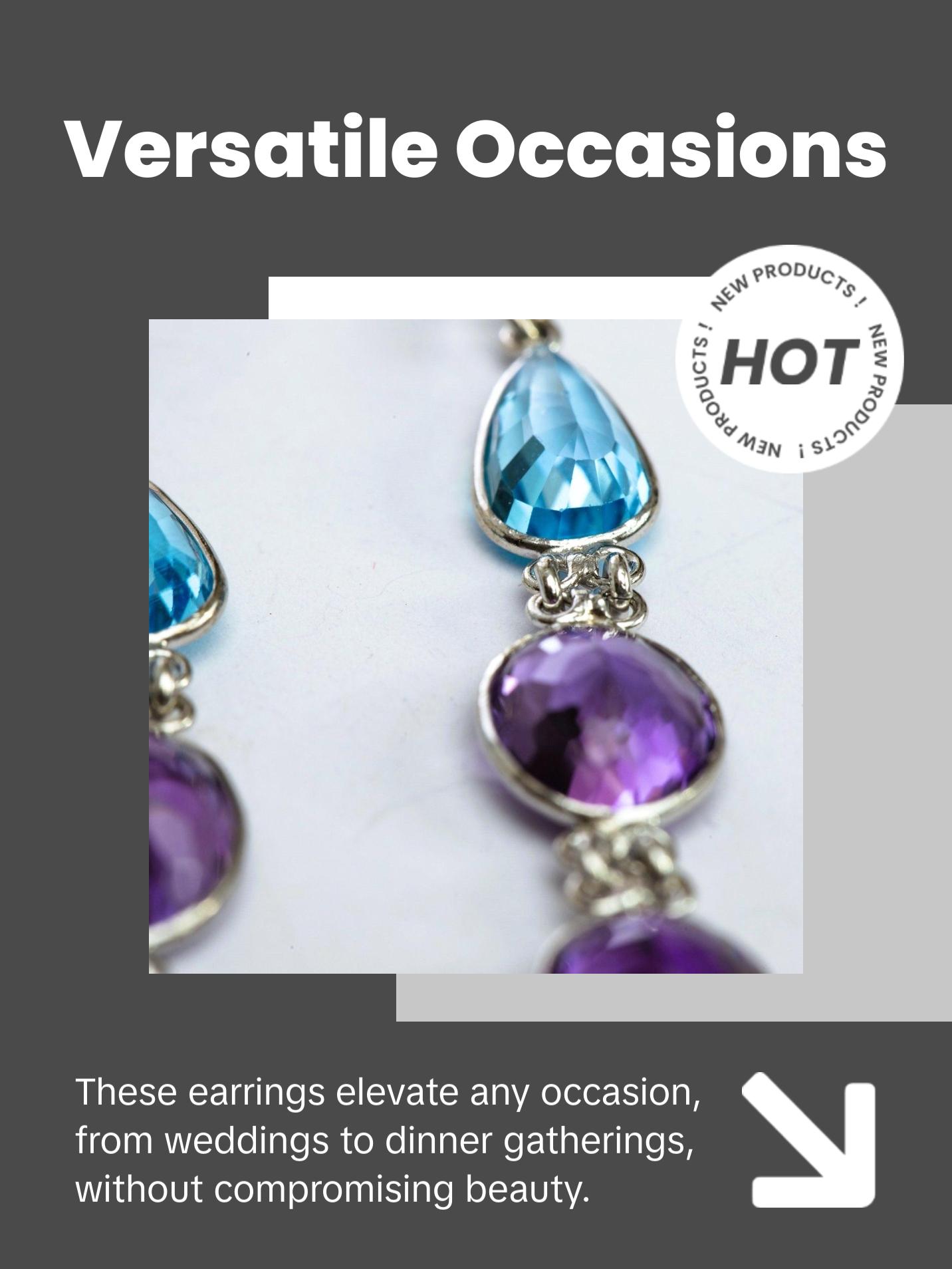 6ctw Blue Topaz Amethyst Gemstone Drop Earrings