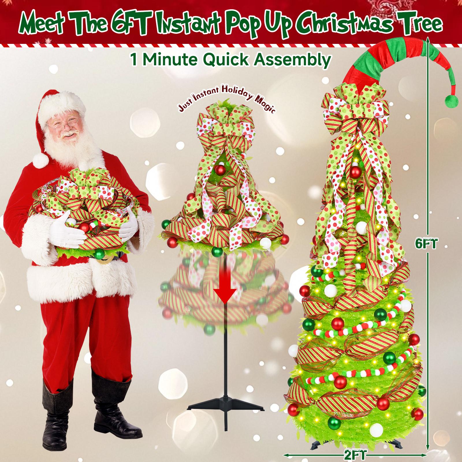 6FT Pop Up Christmas Tree with Lights Remote Control & Ornaments Collapsible Lime Green Xmas Tree with Santa Hat & Bow Tree Topper Whimsical Design for Indoor Outdoor Use Party Decoration Supplies