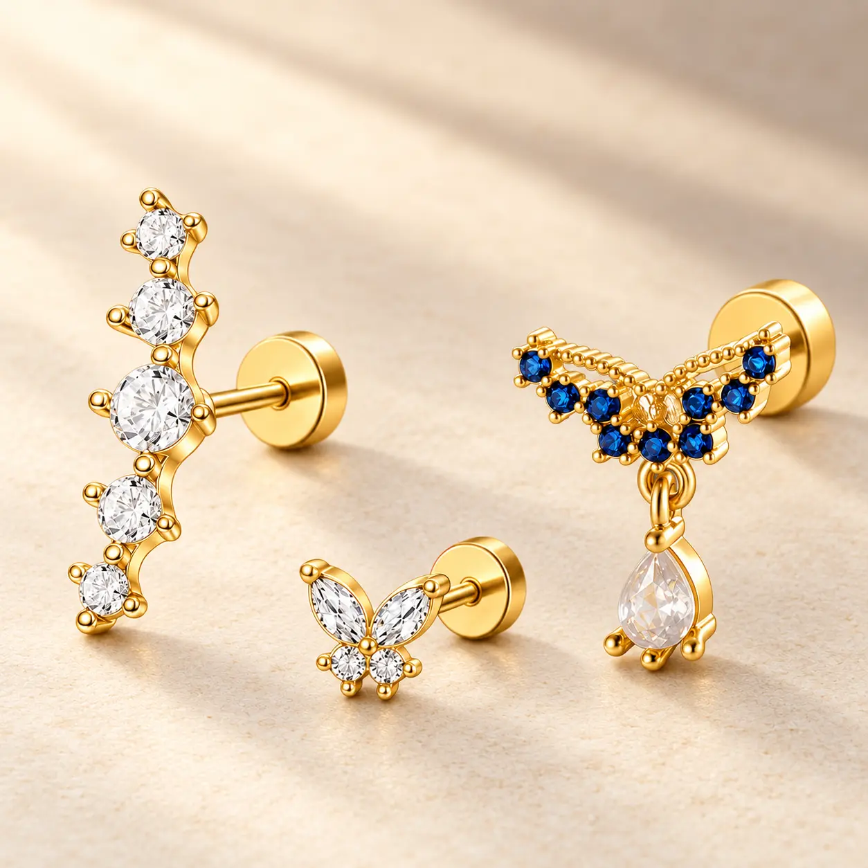 Zircon Ear Stack Set for Women, 3PCS Butterfly, Curved Bar and Teardrop Dangle Studs, Flat Backs with 316 Stainless Steel Threaded Posts