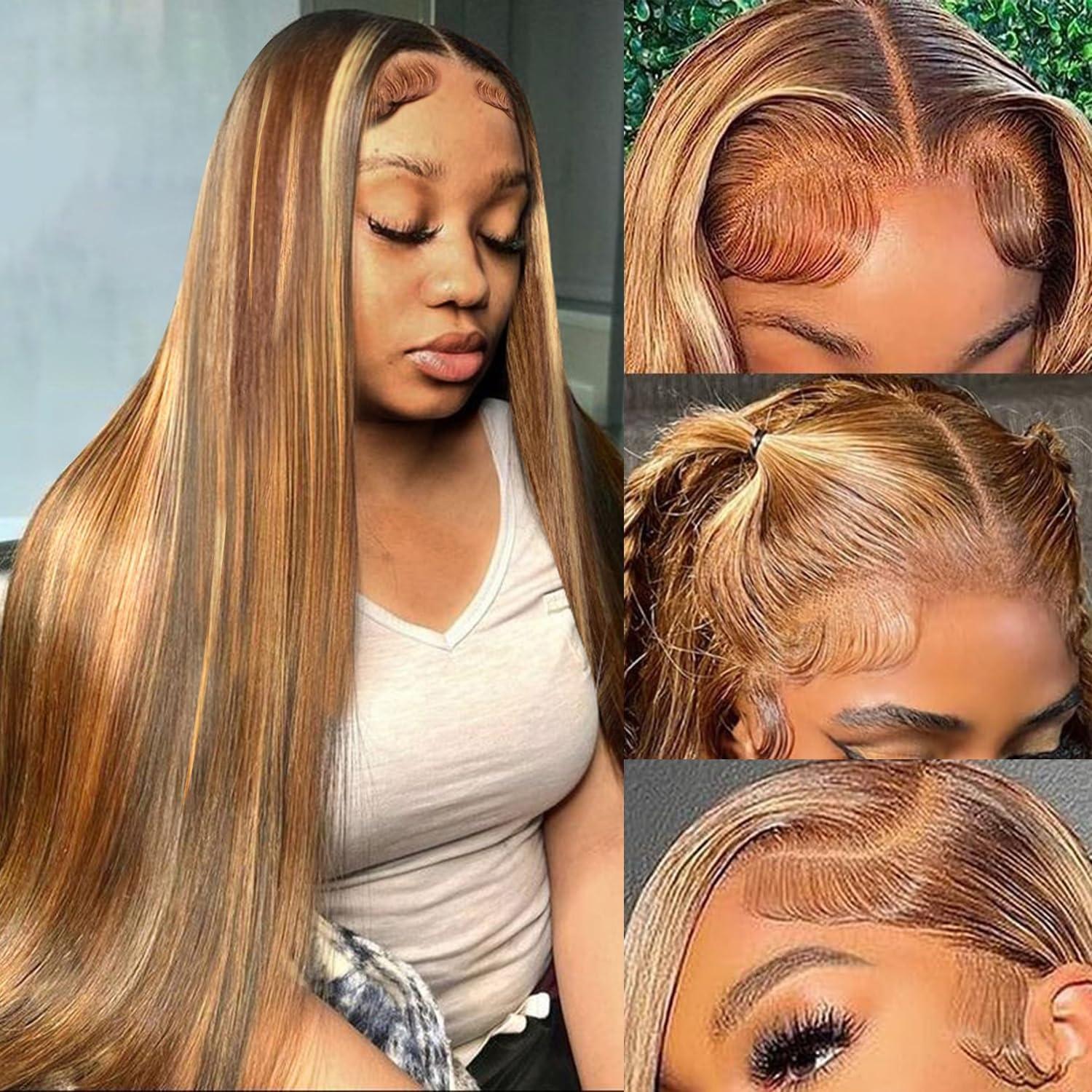 Highlight Wig 13x6 Hd Lace Frontal Wig Natural Hairline Pre Plucked P4/27 Ombre Colored Straight Human Hair Wig For Women