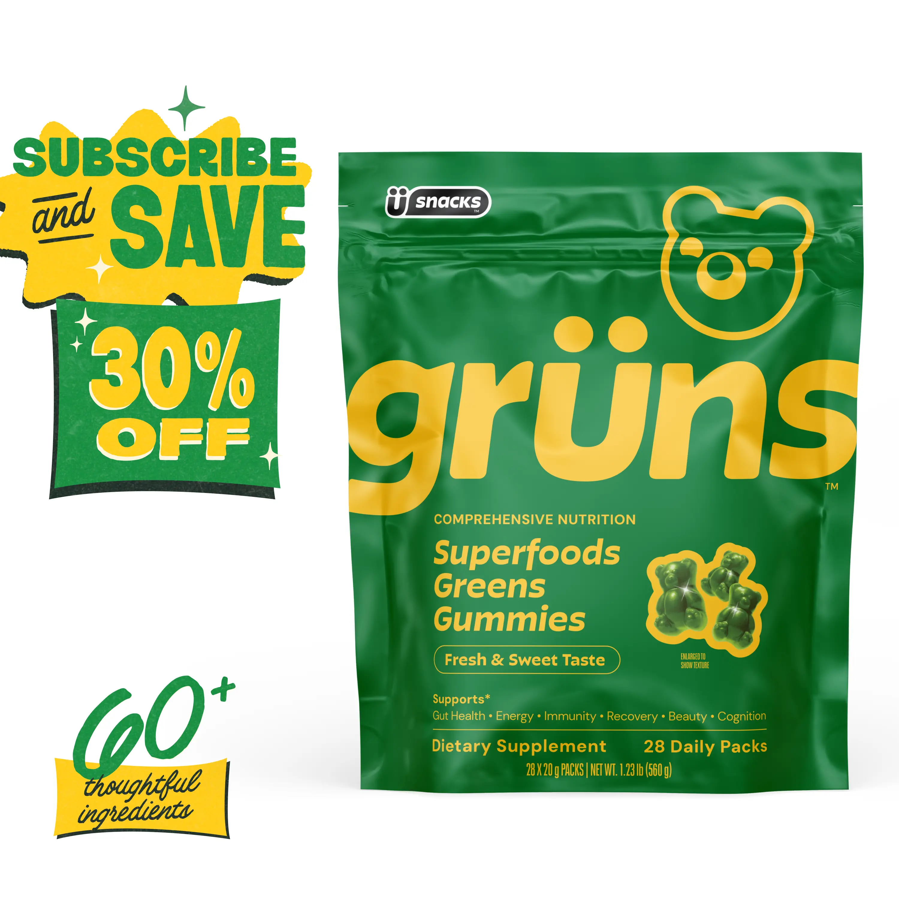 Grüns Superfood Greens Gummies: Comprehensive nutrition supplement with 60+ ingredients: Vitamins and Minerals, Prebiotics for Digestive Health, Adaptogens, Chlorophyll, Chlorella, Fruits and Vegetables, Gluten Free, Vegan, Third Party Tested