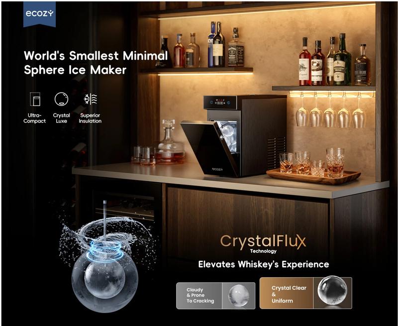 ecozy 2.1 Inch Clear Ice Ball Maker with CrystalFlux Technology, Small Footprint Sphere Ice Maker with 8H Timer, 1 pcs in 30 Mins, 48 pcs/Day, Self-Cleaning, Automatic Ice Ball Maker for Home Bar Whiskey & Bourbon