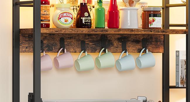 HOOBRO Bakers Rack with Power Outlet and LED Light, Microwave Stand, Kitchen Storage Rack with Sliding Barn Door & 6-S Hooks, Coffee Bar Cabinet with Storage, Rustic Brown and Black