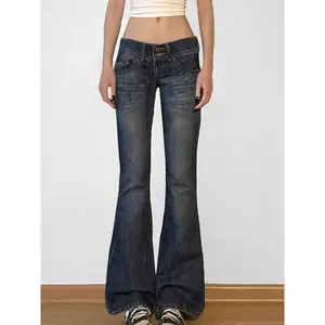 Retro horn jeans, retro button low waist casual denim pants, Harajuku 2000s pants, basic aesthetics, mom jeans