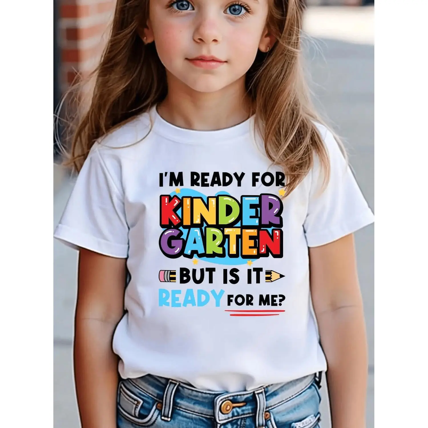 Kids Cotton T Shirt Im Ready for Kindergarten Cute Cartoon Lettering School Icons Pencils Apples Soft Stretchy Crew Neck Short Sleeve Back to School