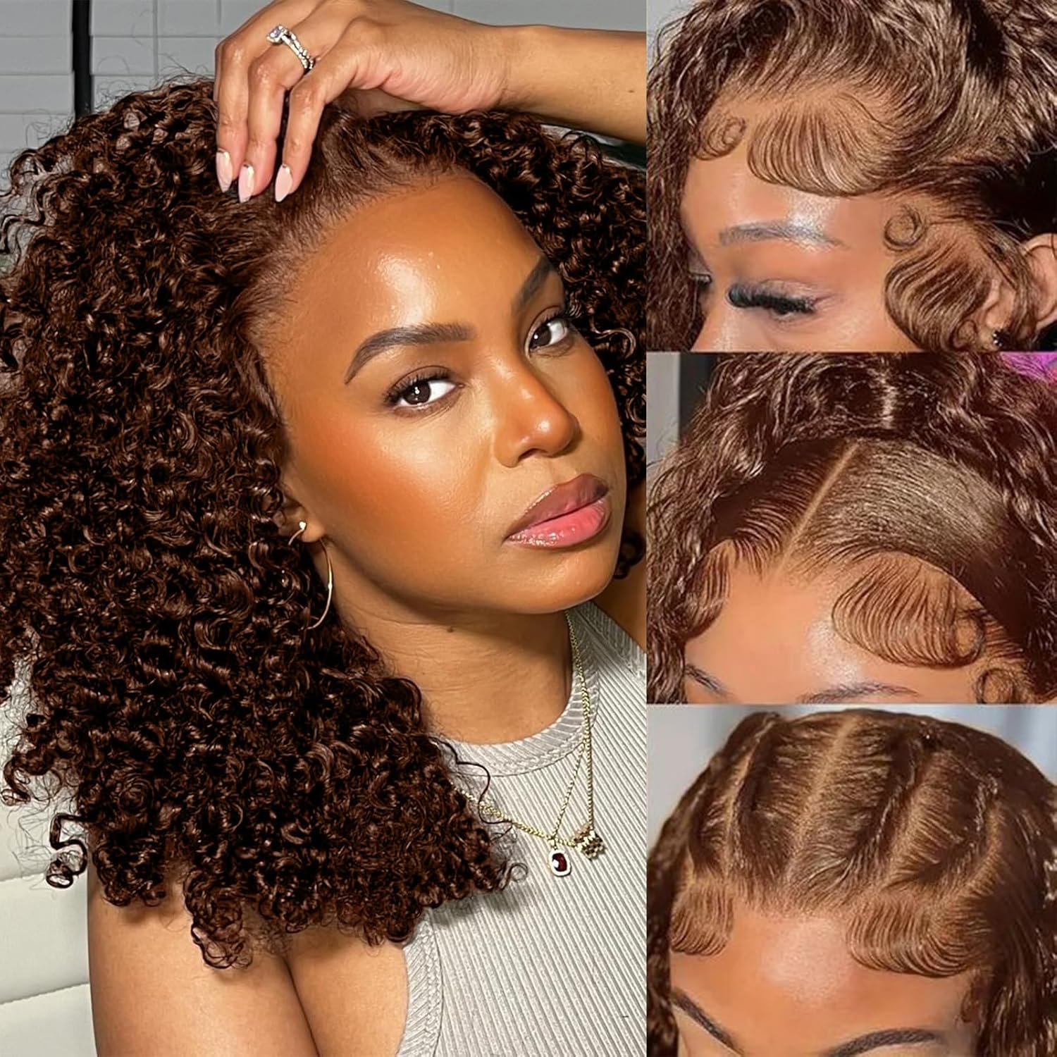 Curly BOB Wig Human Hair 180 Density 13x4 HD Lace Closure Deep Wave Wigs for Black Women Glueless Wear and Go Pre Plucked Deep Wave Wet and Wavy Glueless Wigs Human Hair Chocolate Brown 14 Inch