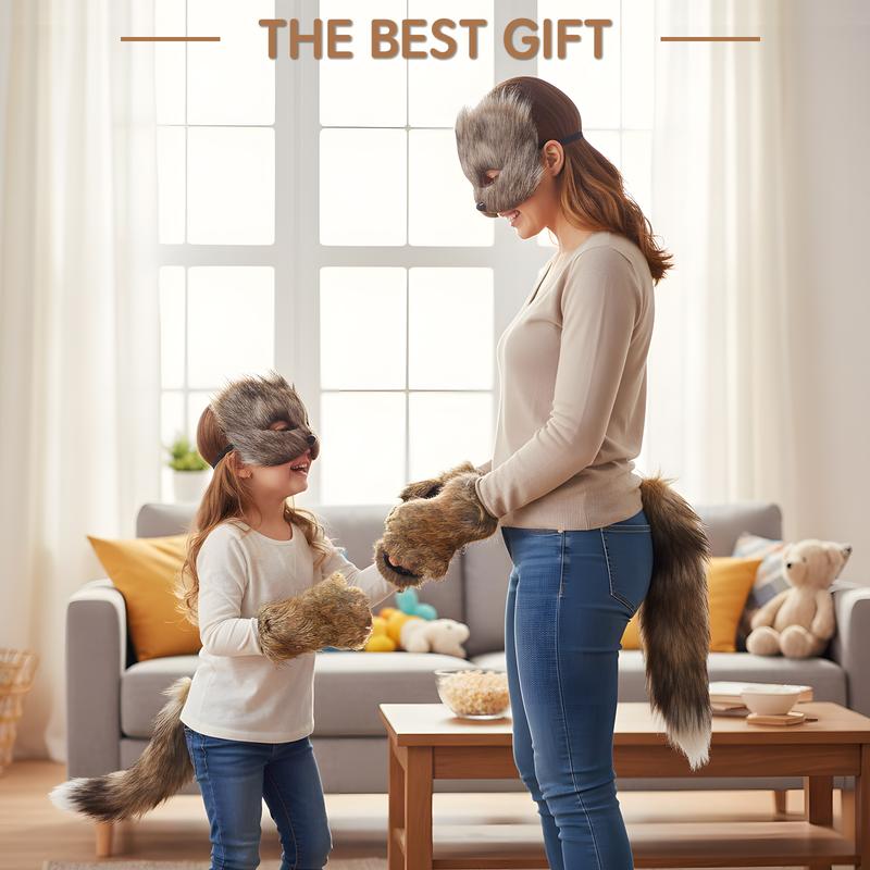 4Pcs Faux Fur Fox Costume Set with Plush Mask Fluffy Claw Gloves & Tail Perfect for Halloween Christmas and Costume Parties Ideal Gift for Children, Therian Gear