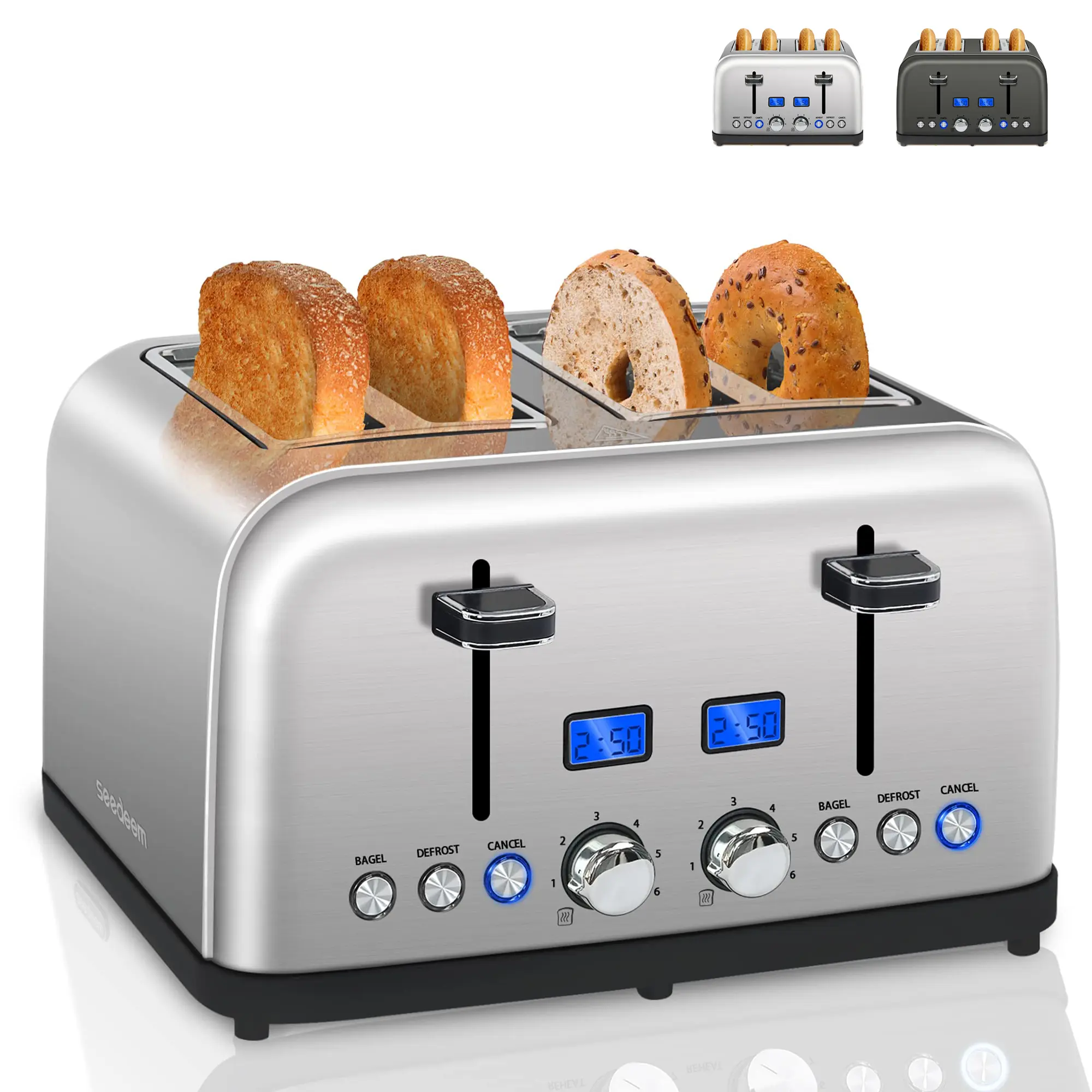 1500W Digital Stainless Steel 4-Slice Toaster with 1.5'' Wide Slots, LCD Display, 6 Shade Settings, Bagel Function, Defrost, Reheat, Cancel, Dual Control, Removable Crumb Tray, Dark Metallic, Digital Toaster