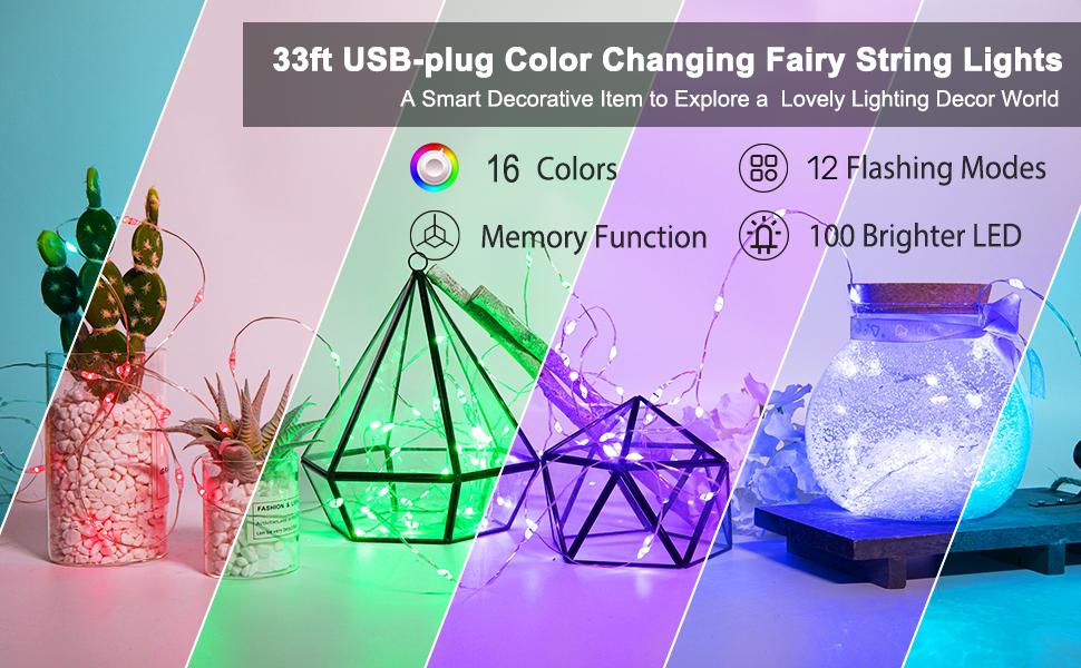 Minetom Fairy Lights Color Changing - 33FT 100 LED String Light with Remote, 16 Single Colors & 6 Holiday Colors,12 Modes, USB Fairy Lights for Bedroom, Easter Light for Indoor Classroom Christmas